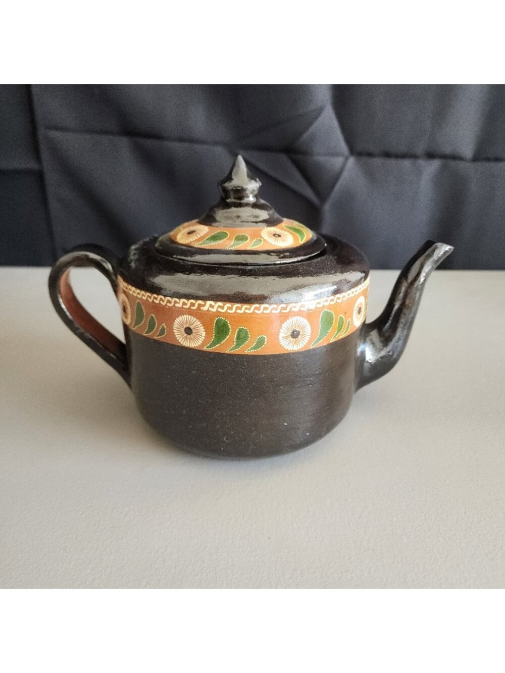 Vintage Tlaquepaque Mexican Redware Tea Pot with Lid - Hand Painted Folk